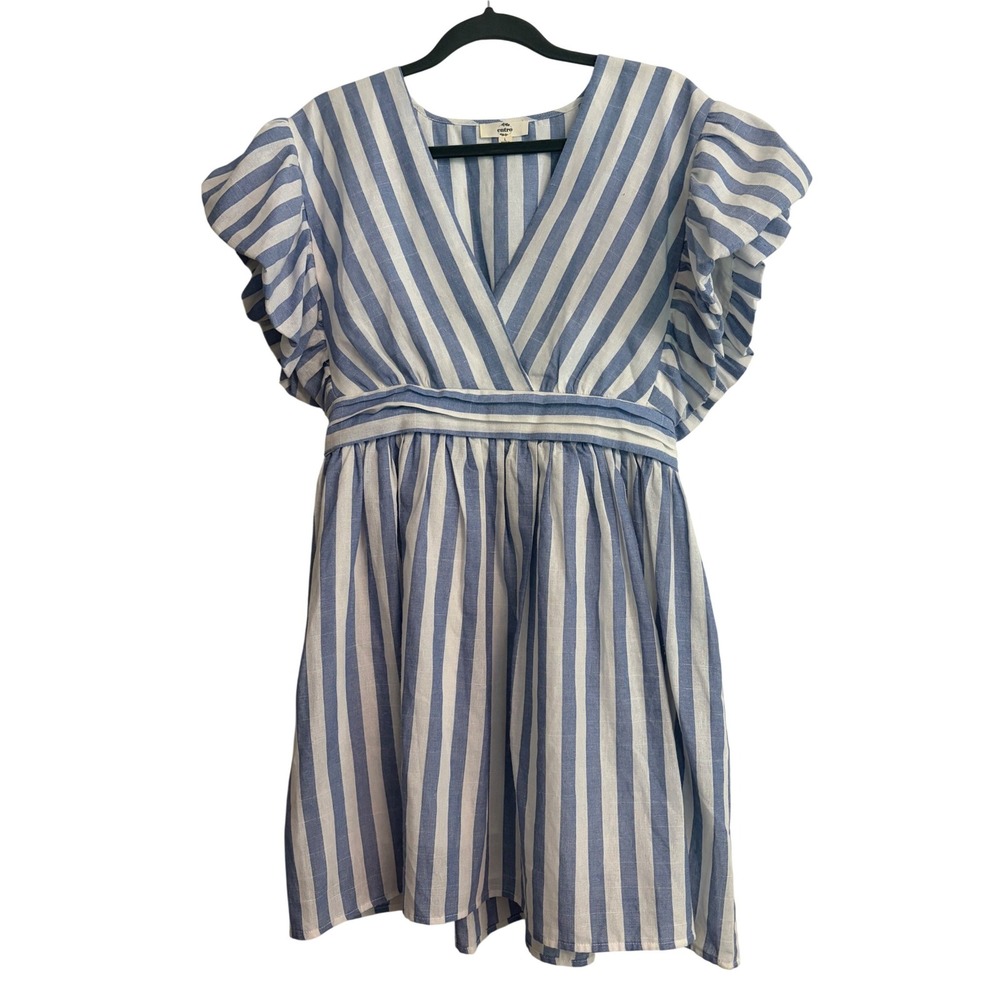 Entro Striped Mini Dress L Blue coastal, summer, brunch, preppy, ruffle, vneck